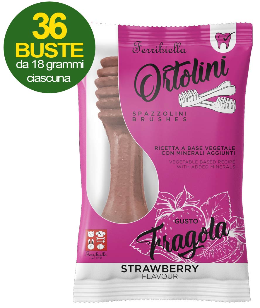 Snack Spazzolini per cani Ortolotti gusto fragola 36 mini pack da 2 pezzi ciascuno