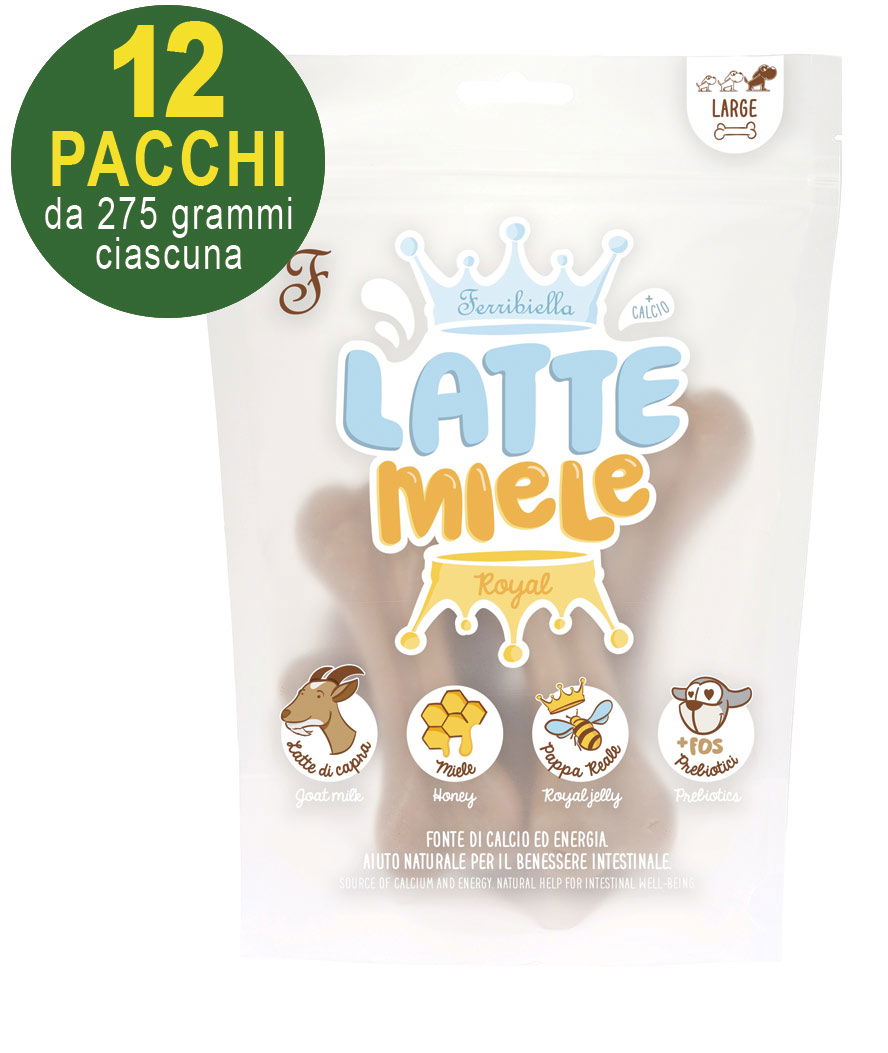 Snack Latte e miele per cani adulti di grande taglia 12 buste da 275g ciascuna