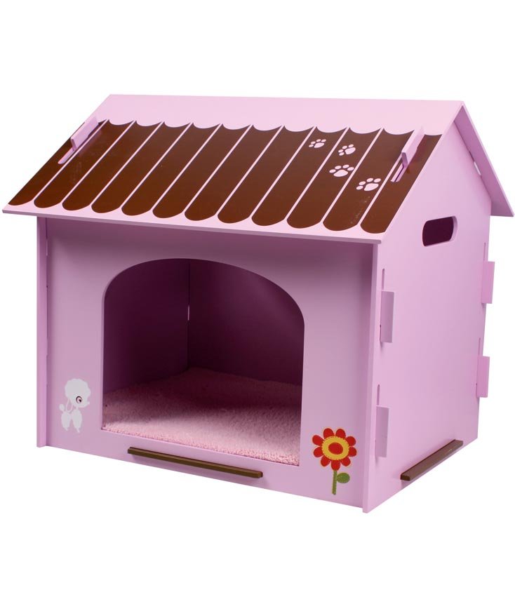 Casetta in legno da esterno colorata rosa con disegni per cani e gatti