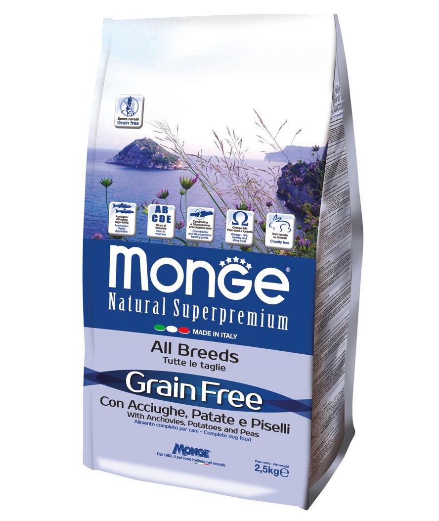 Monge Grain Free All Breeds Acciughe, Patate e Piselli per cani