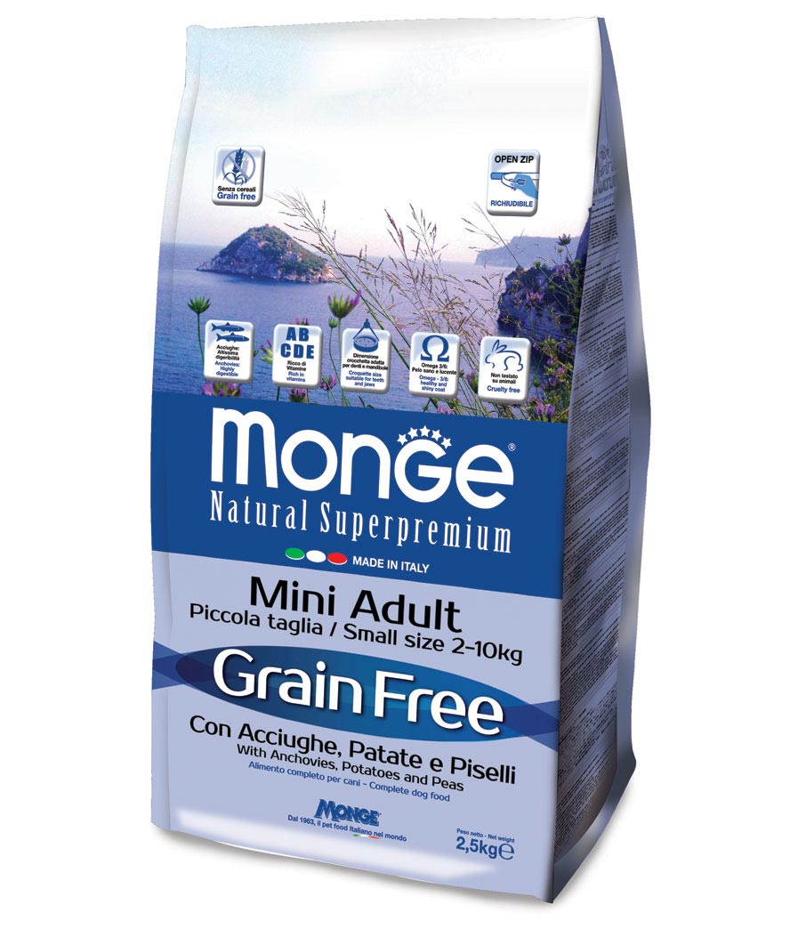 Monge Grain Free Mini Adult  Acciughe, Patate e Piselli 2,5 kg per cani