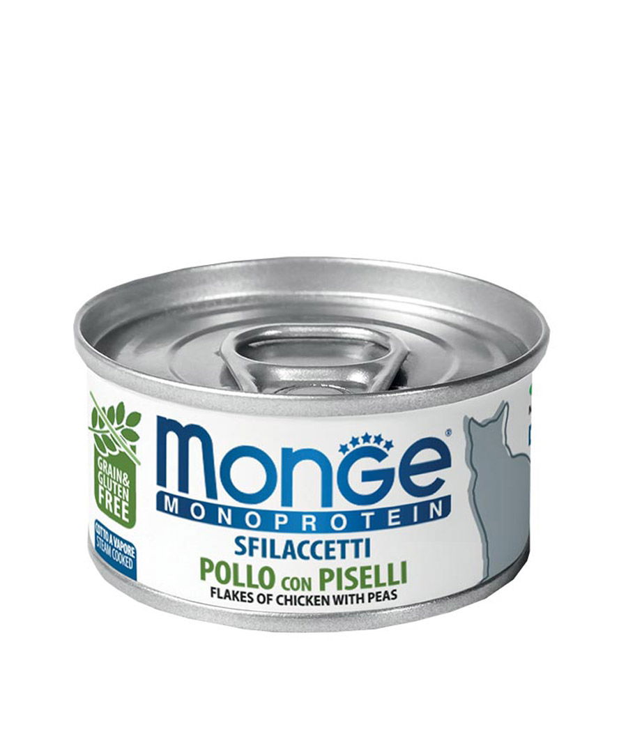 Monge sfilaccetti pollo con piselli 80g per gatti