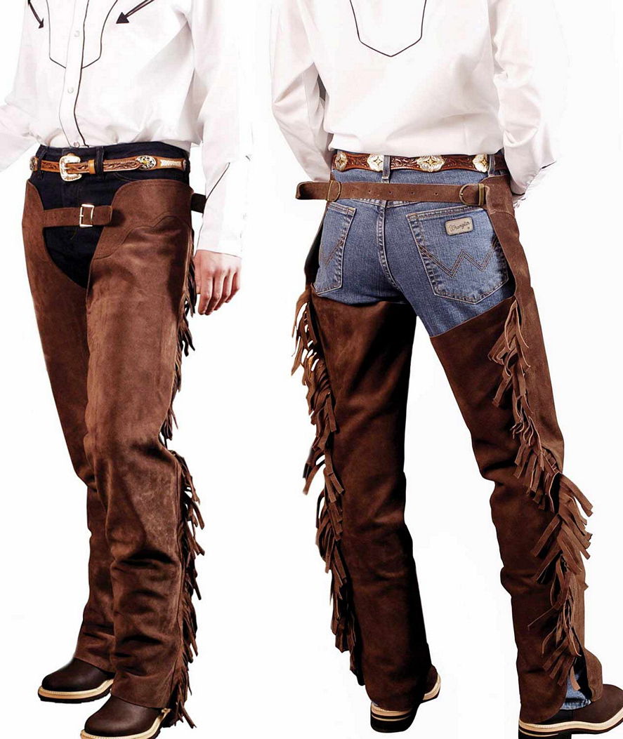 PROMOZIONE Chaps western in pelle scamosciata con frange e zip NERO