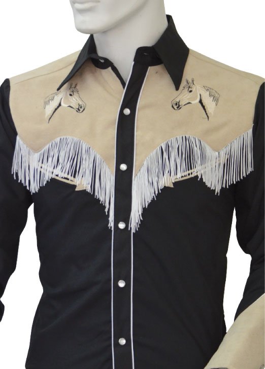 Camicia western da adulto in cotone con ricami e frange. Colore come foto