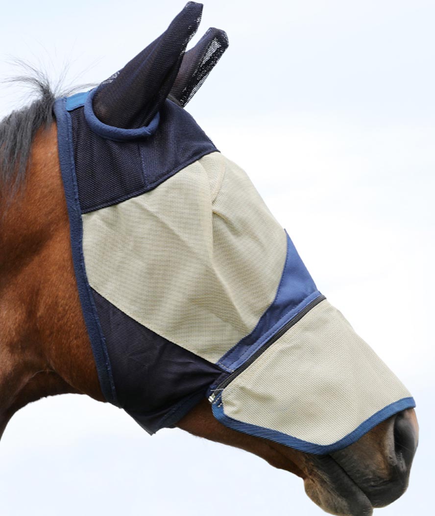 Maschera per cavallo antimosche in PVC con copriorecchie chiusura tessuto a strappo e cerniera