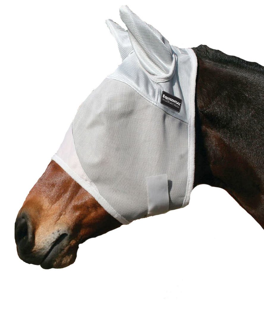 Maschera antimosche per cavalli in materiale liscio e traspirante con copri orecchie e chiusura in tessuto a strappo