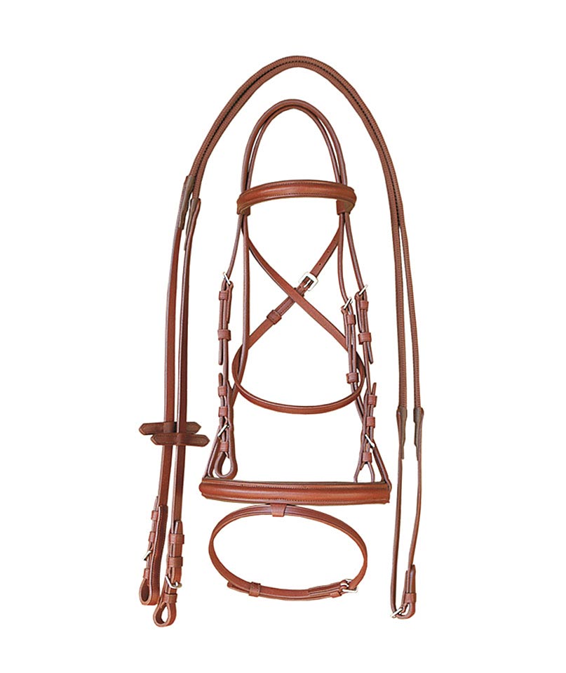 PROMOZIONE Briglia inglese in cuoio superiore con frontalino bombato e redini in gomma COGNAC COB