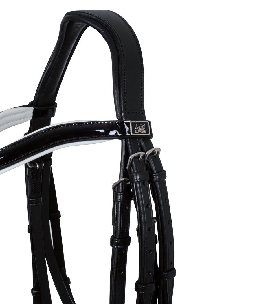 Briglia per dressage in cuoio con profilo bianco completa di doppie redini - foto 1