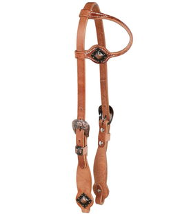 Testiera western per cavalli in cuoio oliato ad un orecchio con fibbie decorate e borchia diamond