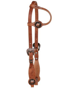 Testiera western per cavalli in cuoio oliato ad orecchio con fibbie decorate e borchia diamond tondo