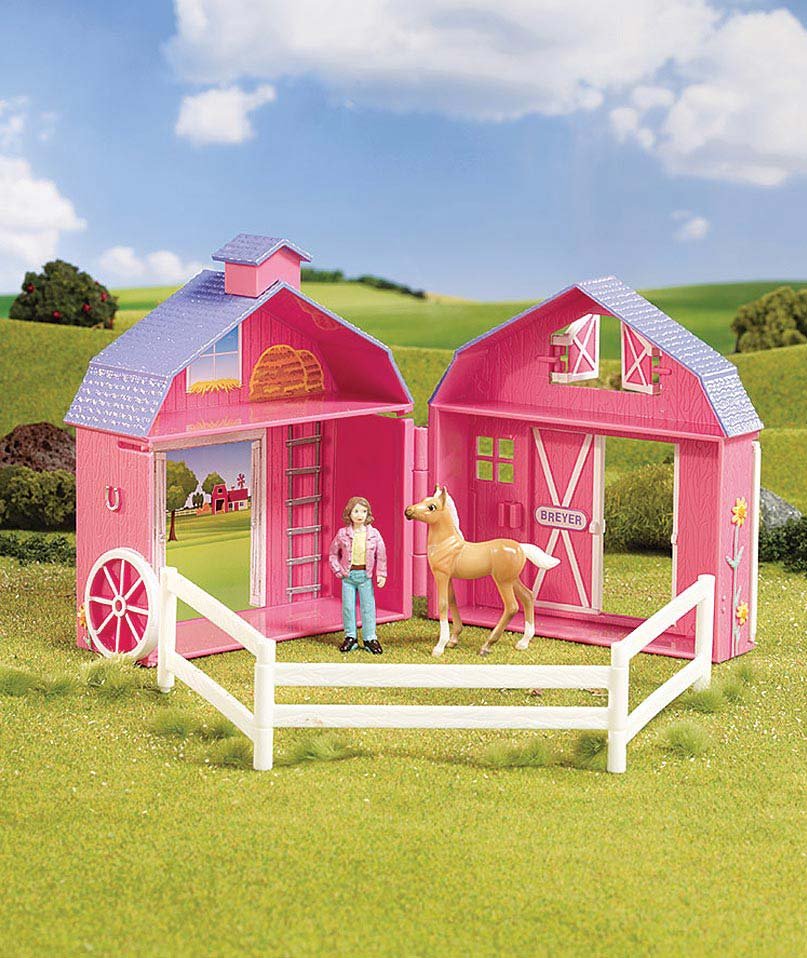 Set completo Crazy Pocket Barn con fienile, cavallo e ragazza in scala 1:32 8 cm