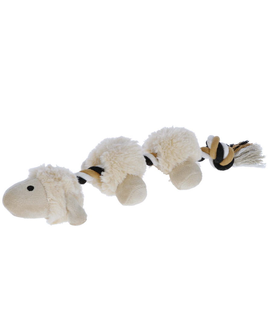 Gioco agnello di ciniglia con corda in cotone ed effetto squeaker per cani 39 cm