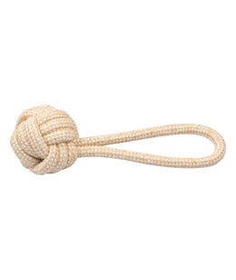 Gioco per cani a forma di palla da 8 cm con tirante in corda lunghezza complessiva 21 cm