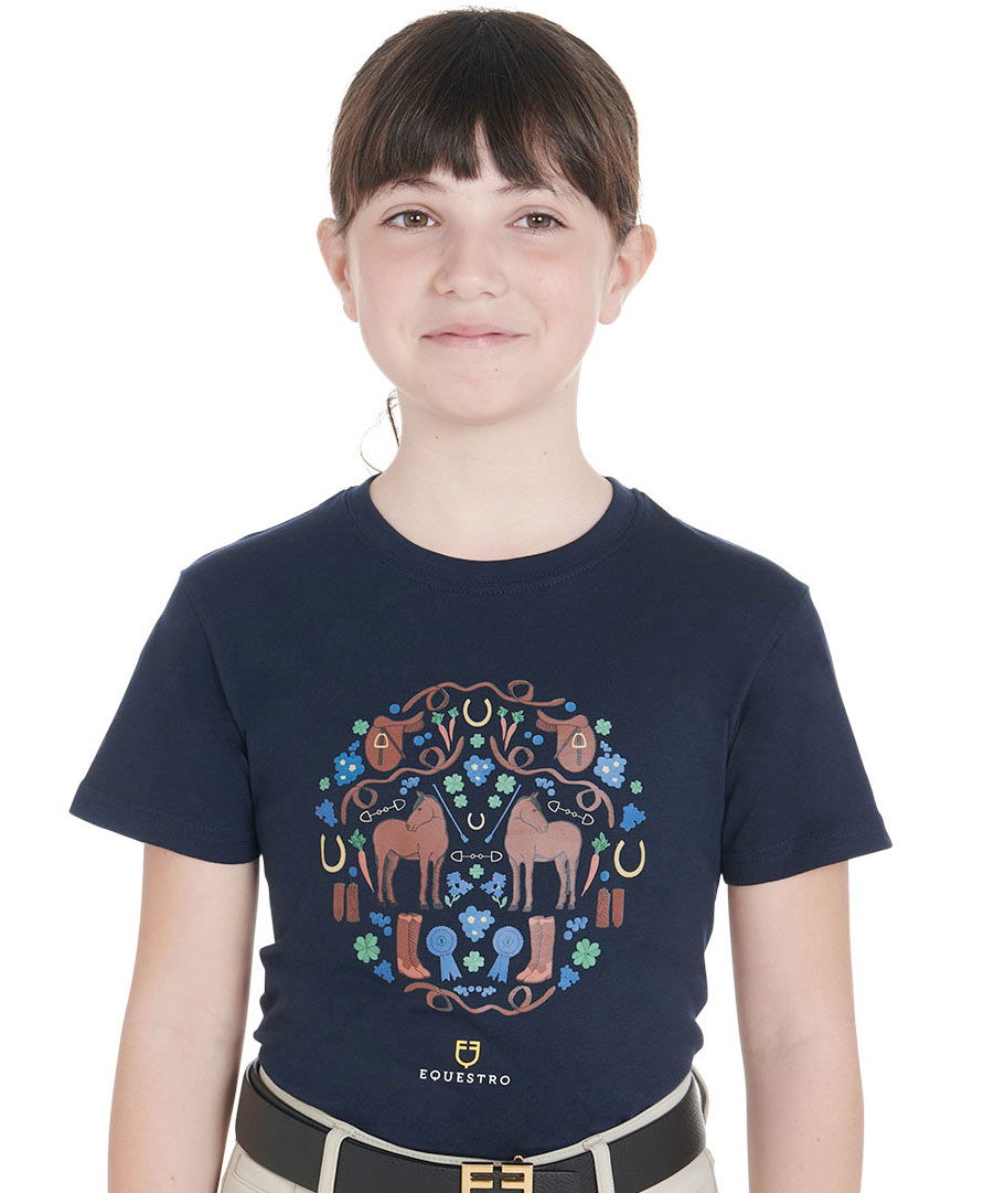 T-shirt da equitazione per bambina slim fit con fantasia scuderia