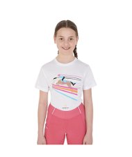 T-shirt da equitazione per bambina slim fit in cotone con stampa salto colorato
