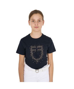 T-shirt da equitazione per bambina slim fit in cotone con logo glitter rosa