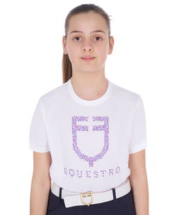 T-shirt bambina slim fit con stampa e diamanti fucsia