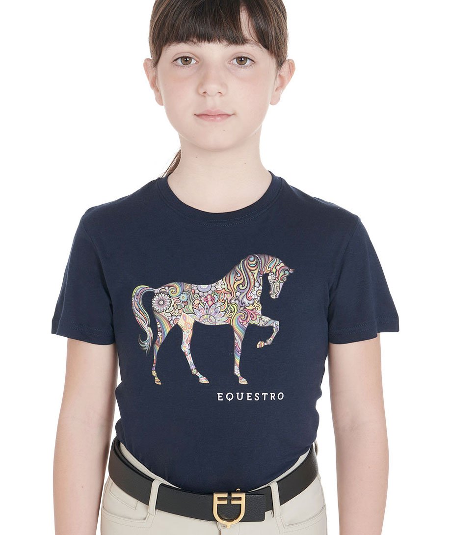 T shirt per bambino in cotone a manica corta con decorazione cavallo