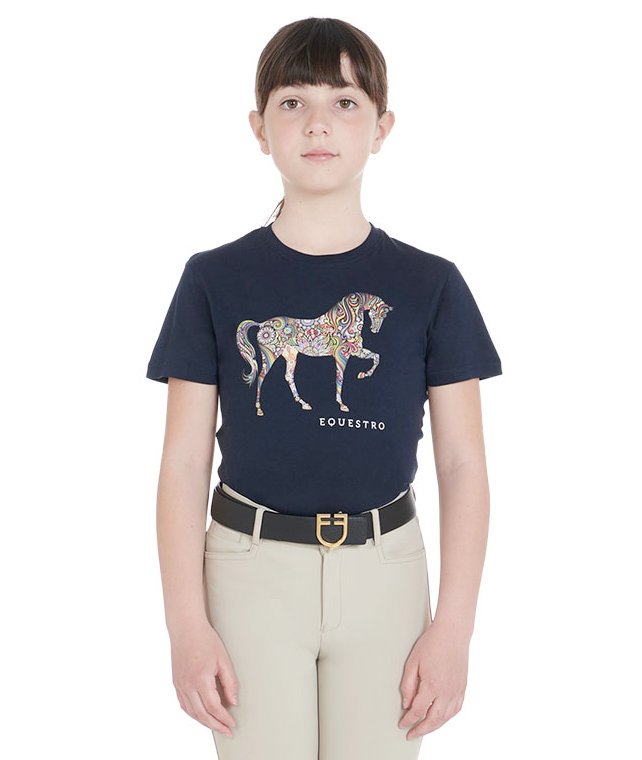 T shirt per bambino in cotone a manica corta con decorazione cavallo - foto 4