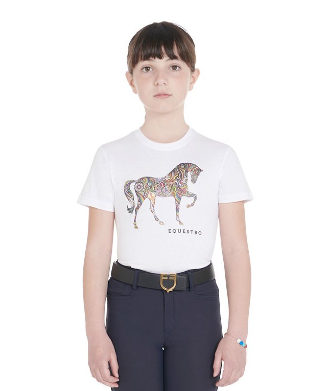 T shirt per bambino in cotone a manica corta con decorazione cavallo - foto 6
