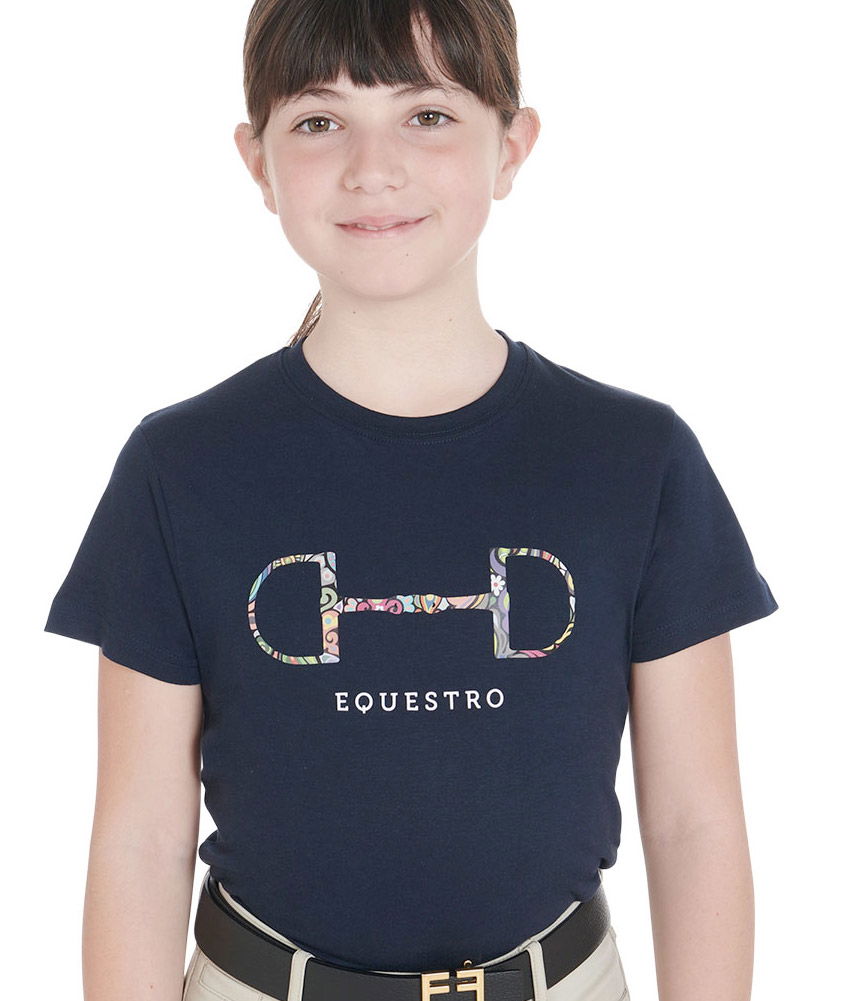 PROMOZIONE T shirt in cotone Equestro a manica corta per bambino modello Filetto BLU NAVY 10 ANNI