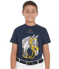 T-shirt da equitazione in cotone per bambino a manica corta con testa cavallo