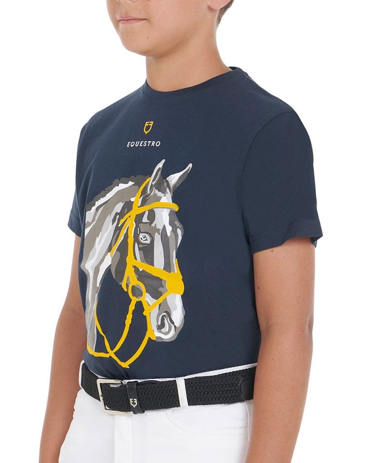 T-shirt da equitazione in cotone per bambino a manica corta con testa cavallo - foto 1