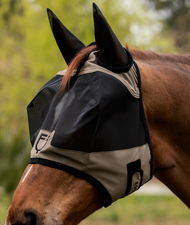 Maschera antimosche per cavalli con logo frontale e robusta rete protettiva UV