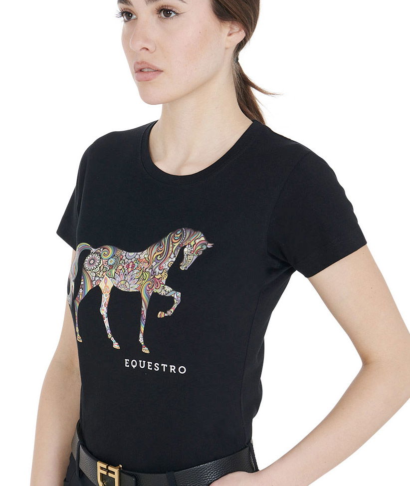 T-shirt da equitazione per donna a maniche corte in cotone con decorazione cavallo - foto 1