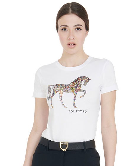 T-shirt da equitazione per donna a maniche corte in cotone con decorazione cavallo - foto 5