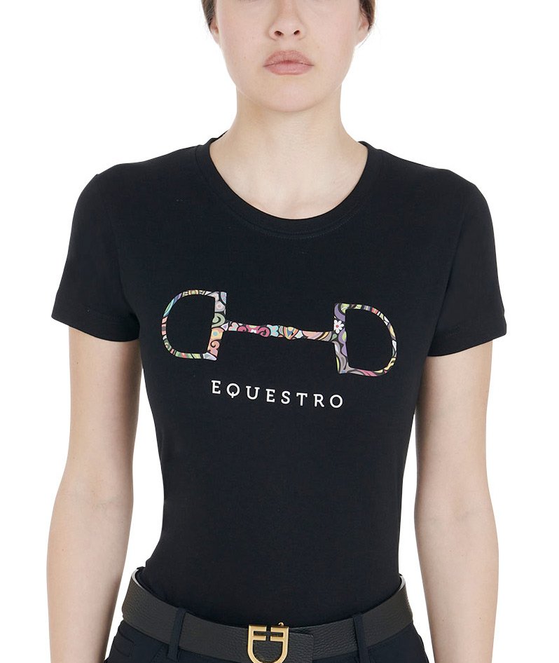 T-shirt da equitazione per donna a maniche corte in cotone con decorazione filetto
