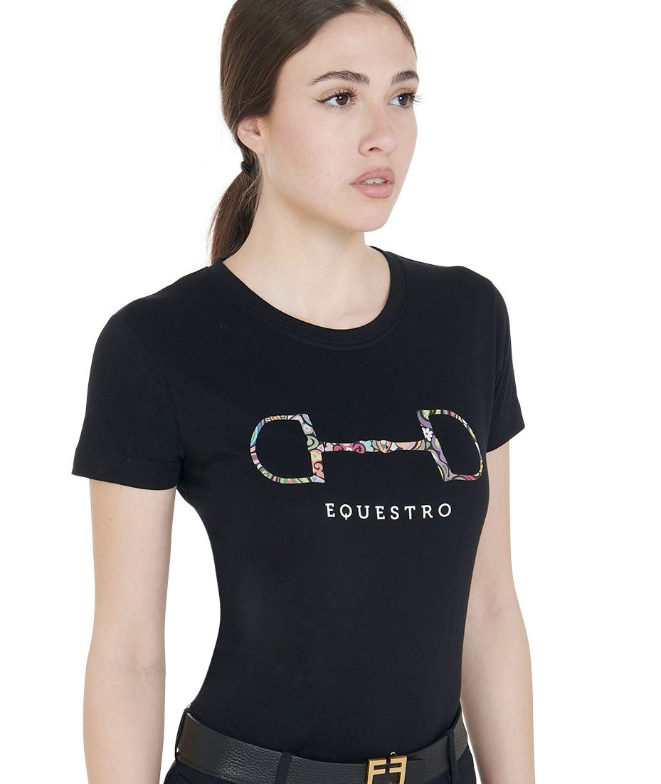T-shirt da equitazione per donna a maniche corte in cotone con decorazione filetto - foto 1