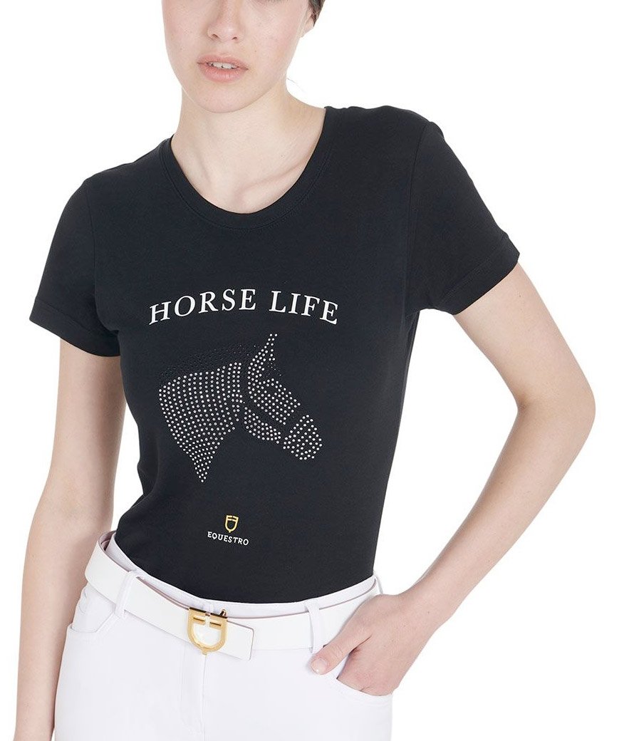 T-shirt per donna a maniche corte in cotone con stampa e strass