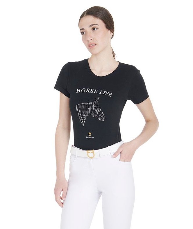T-shirt per donna a maniche corte in cotone con stampa e strass - foto 2