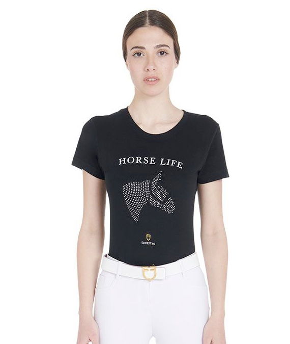 T-shirt per donna a maniche corte in cotone con stampa e strass - foto 3