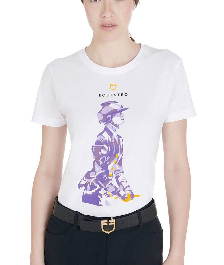 T-shirt da equitazione per donna in cotone slim fit con stampa cavaliere