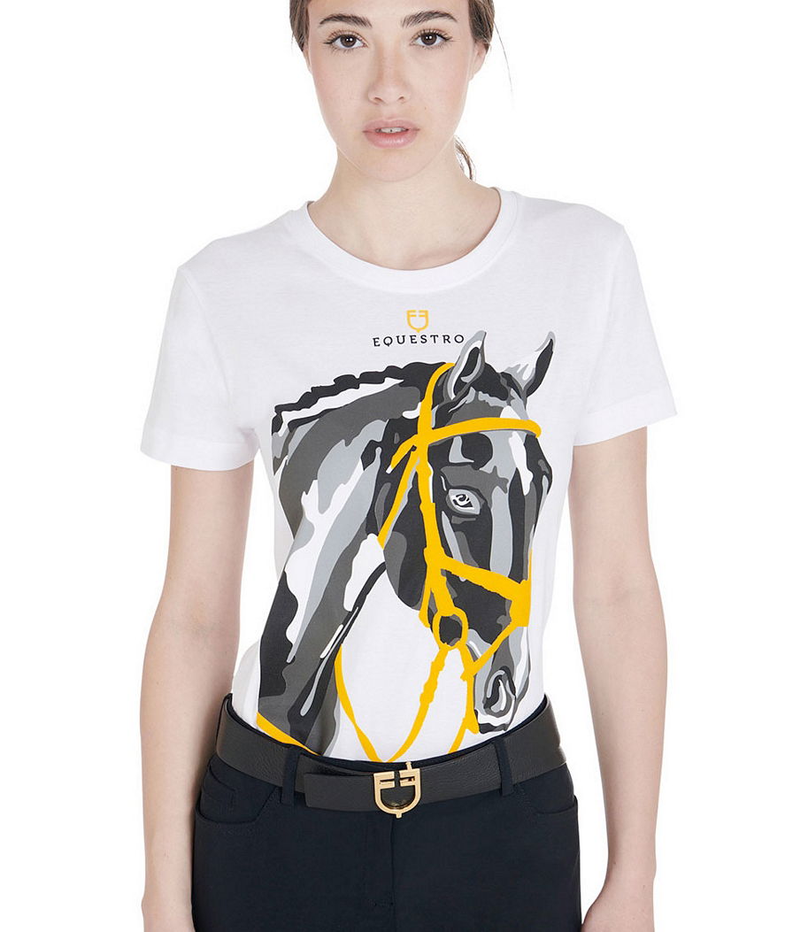 T-shirt da equitazione per donna in cotone slim fit con stampa testa di cavallo