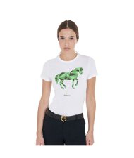 T-shirt da equitazione per donna in cotone slim fit con stampa cavallo colorato