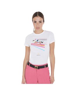T-shirt da equitazione per donna in cotone slim fit con disegno salto colorato