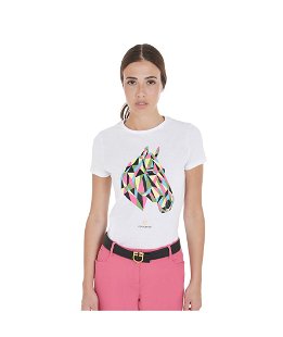 T-shirt da equitazione per donna in cotone slim fit con testa di cavallo multicolor
