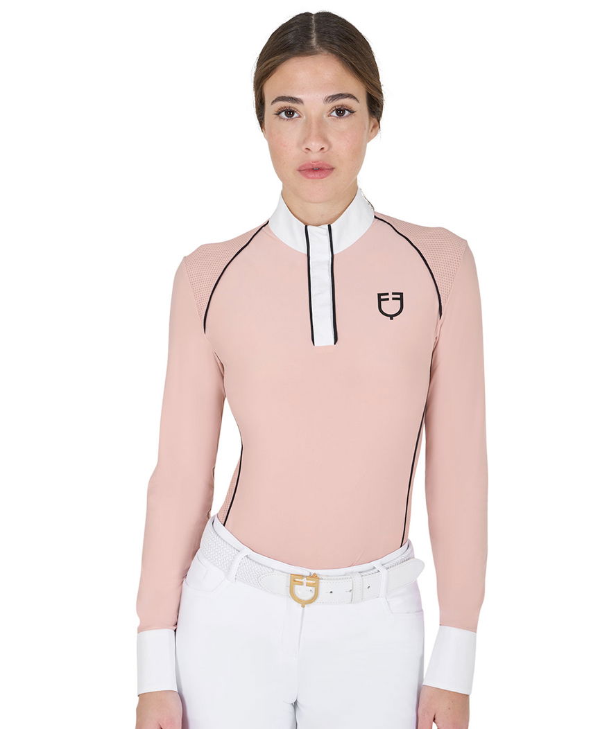 Polo per donna da concorso a manica lunga slim fit in tessuto tecnico con inserti in mesh Equestro