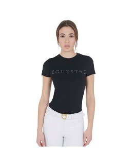 T-shirt da equitazione per donna in cotone slim fit con strass argentati