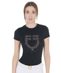 T-shirt per donna da equitazione slim fit in cotone a manica corta con logo strass rosa