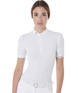 Polo donna concorso slim fit in tessuto tecnico con zip, colletto alla coreana e inserti arricciati