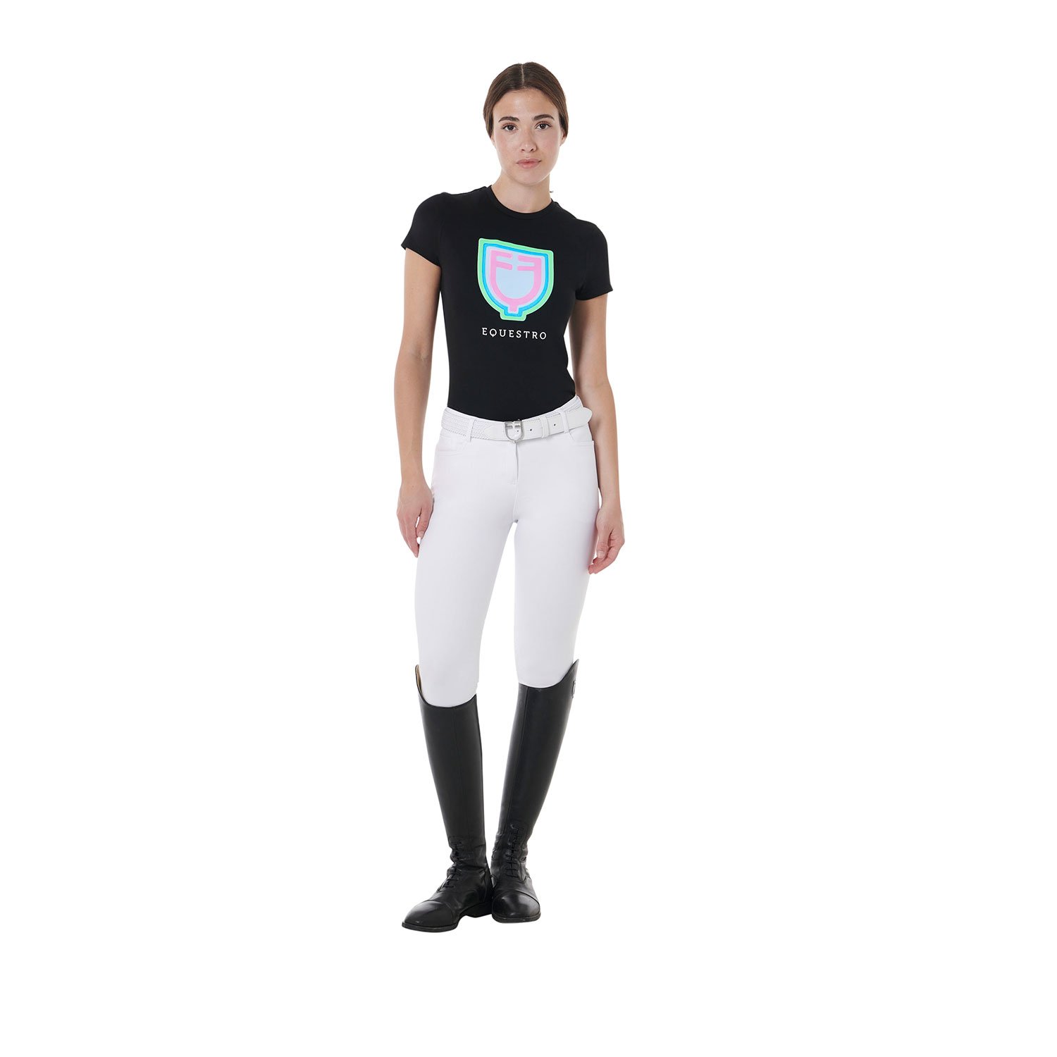 T-Shirt donna slim fit in cotone con stampa logo Equestro psichedelico - foto 4