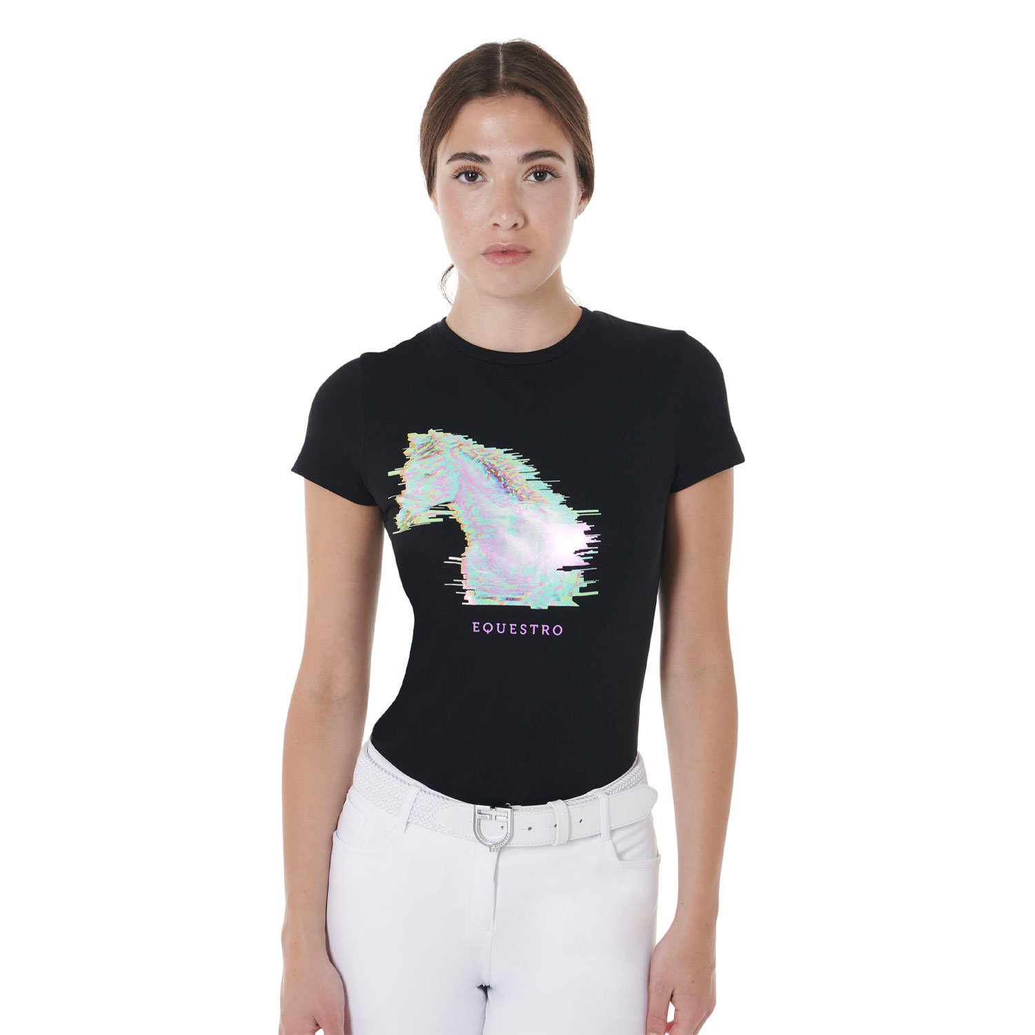 T-shirt per donna in morbido cotone slim fit con stampa cavallo colorata - foto 1