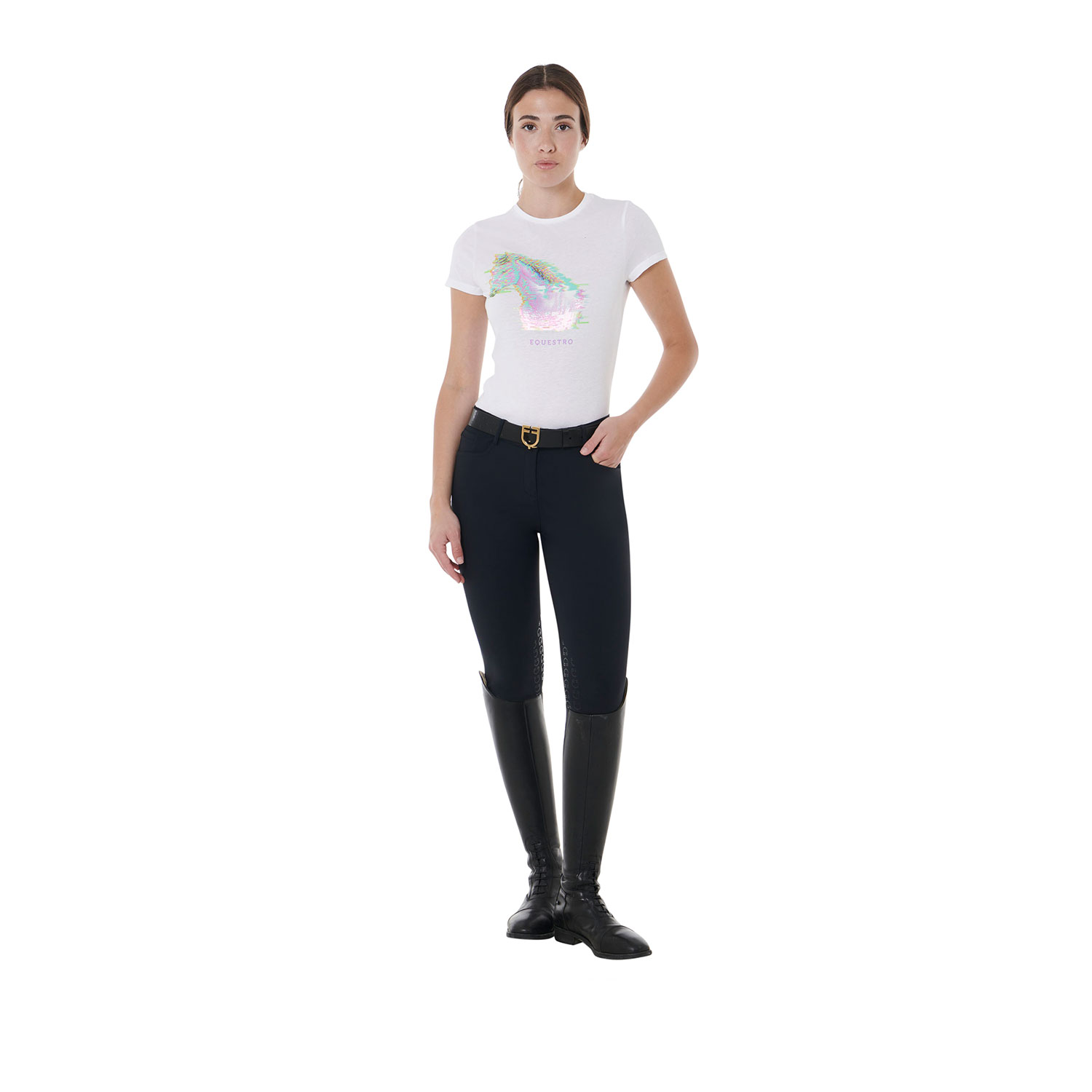 T-shirt per donna in morbido cotone slim fit con stampa cavallo colorata - foto 4