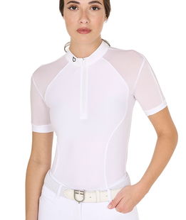 Polo donna da concorso slim fit a manica corta in tessuto tecnico e tulle