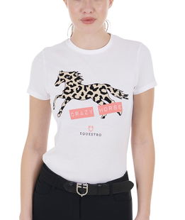 T-shirt donna equitazione in cotone con stampa cavallo leopardato Crazy