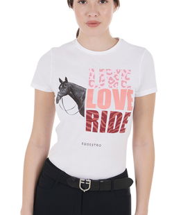 T-shirt da donna slim fit a manica corta in cotone con stampa  cavallo e scritta 